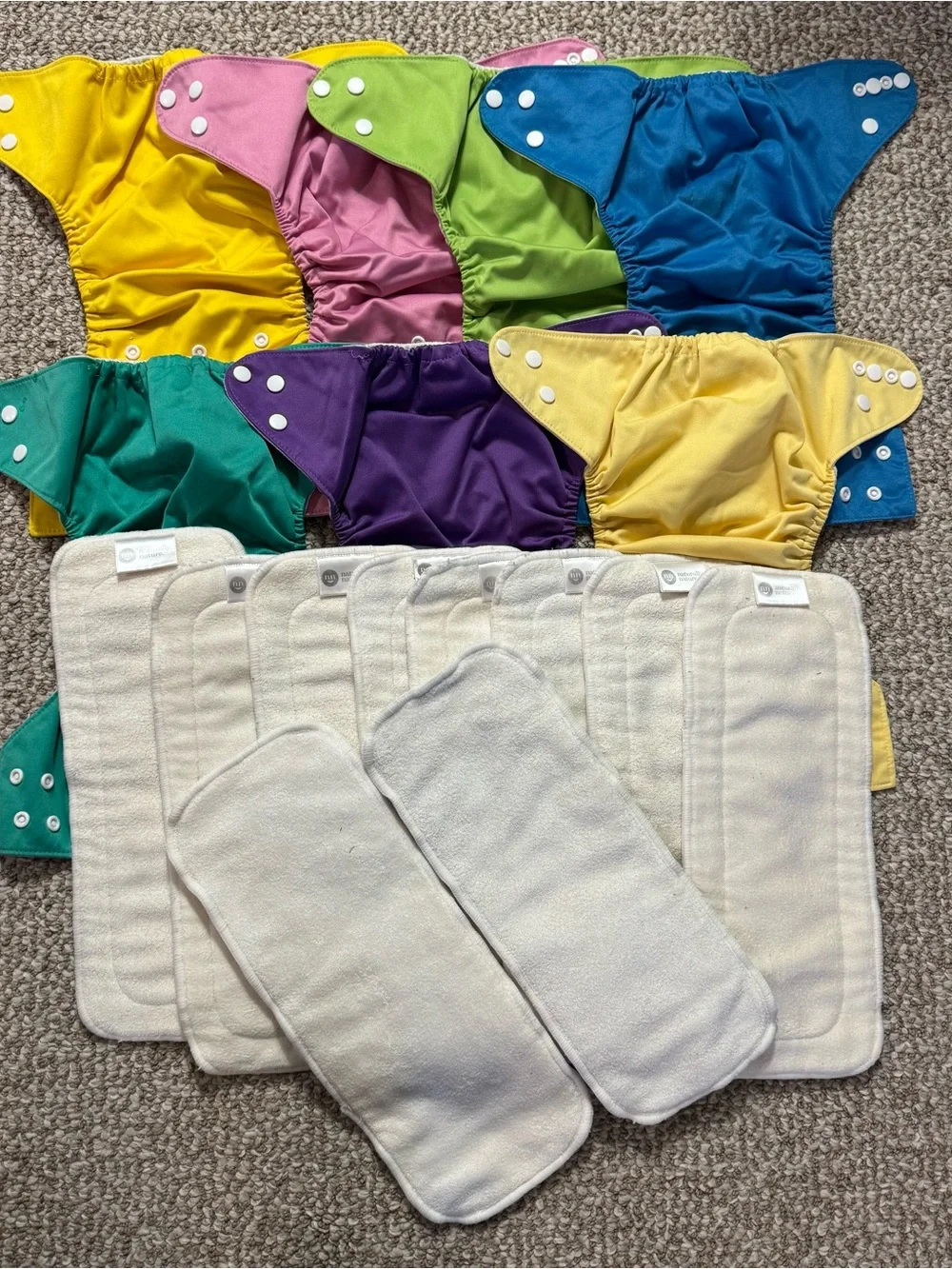 Lot of 7 Naturally Nature Cloth Diapers plus 9 Inserts One Size Rainbow